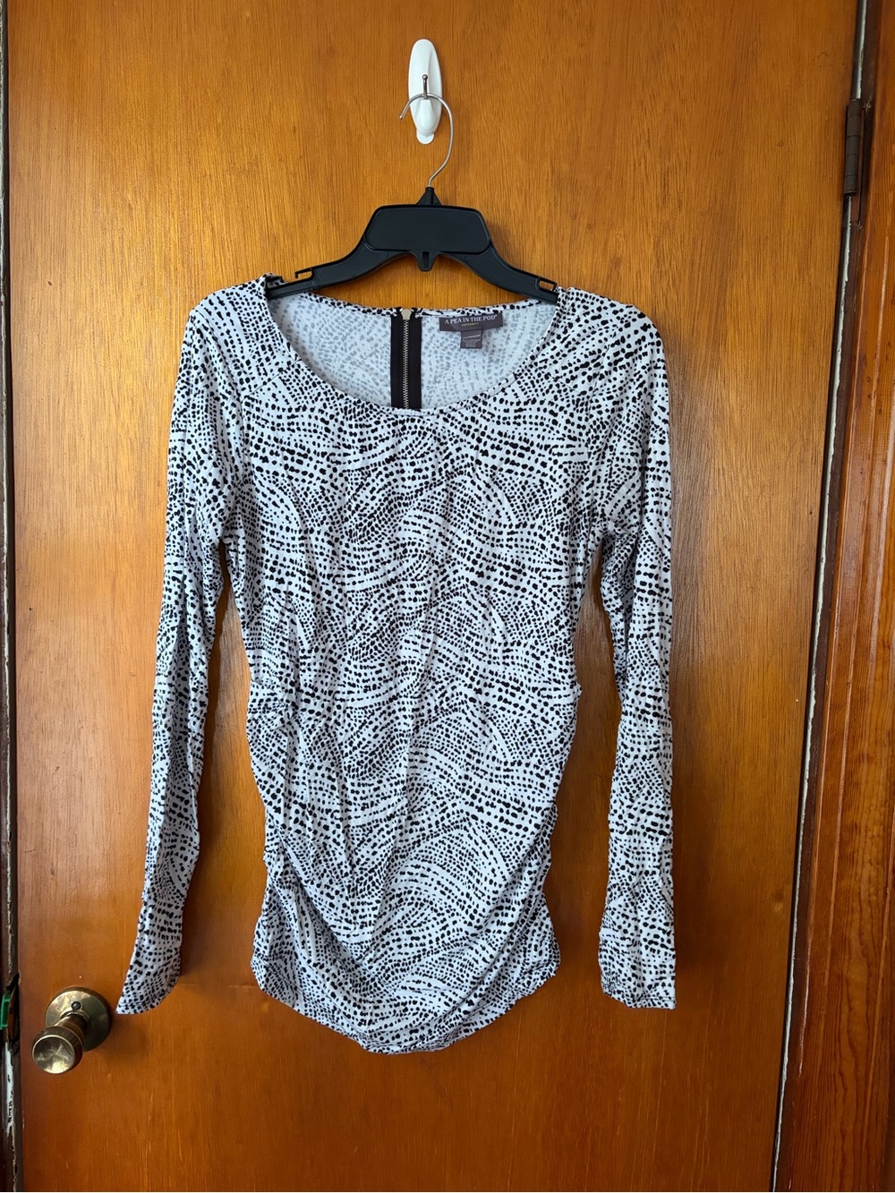 Long Sleeve Black & White Printed Scoop Neck Maternity Top